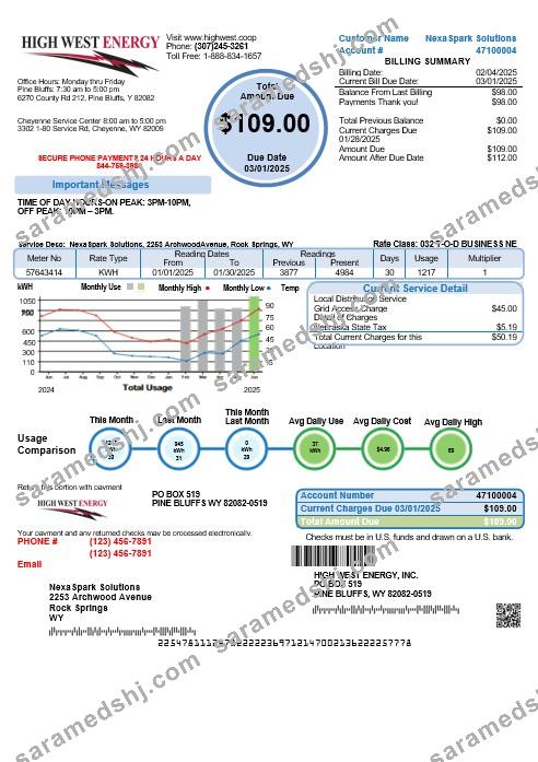 USA Wyoming High West Energy business utility bill in Word and PDF formats, version 2